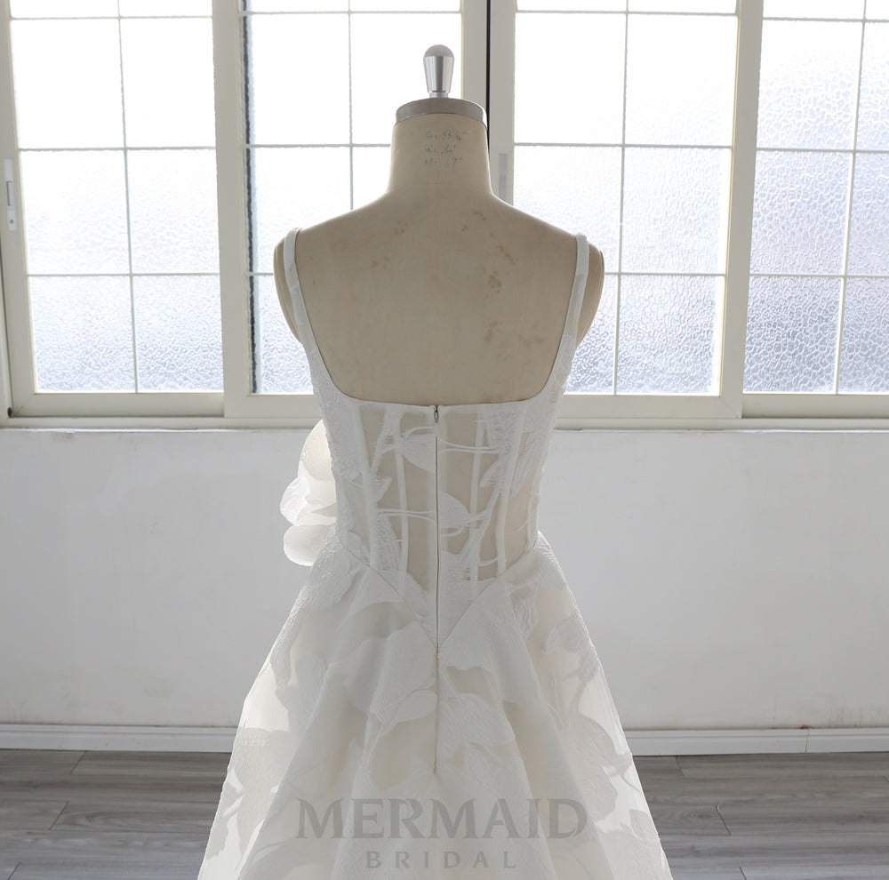 Elegant A Line Wedding Dress with Floral Jacquard Fabric, Square Neckline, 3D Rose Applique, Luxury Bridal Gown