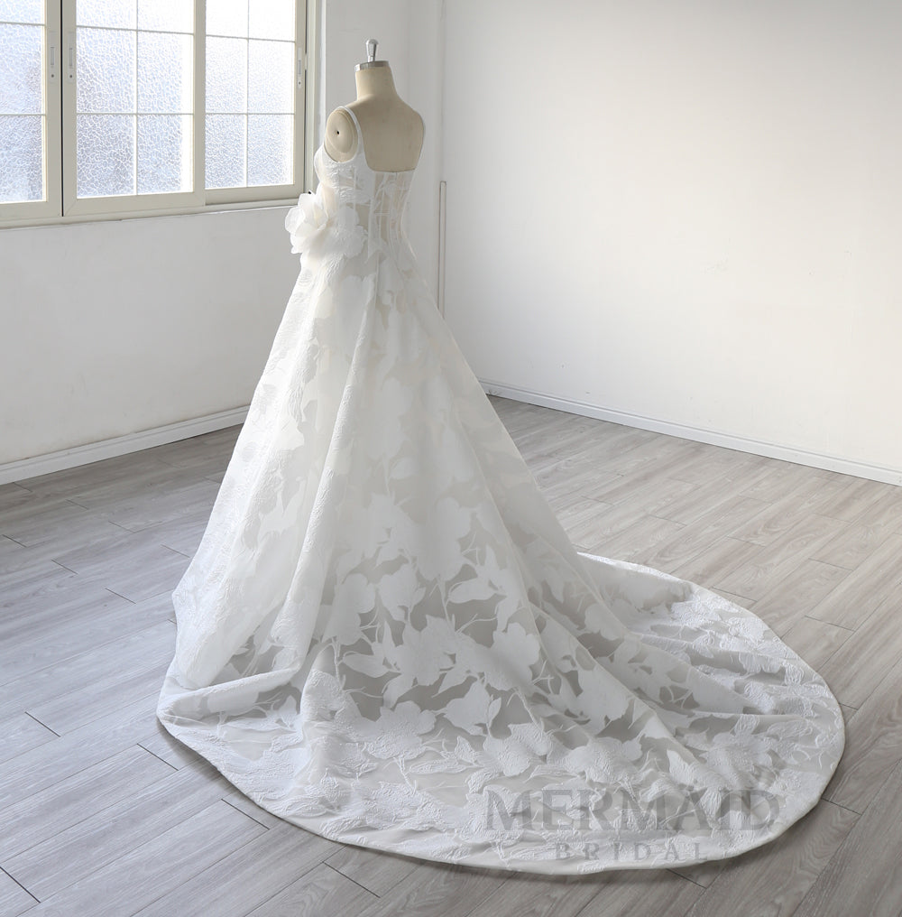 Elegant A Line Wedding Dress with Floral Jacquard Fabric, Square Neckline, 3D Rose Applique, Luxury Bridal Gown