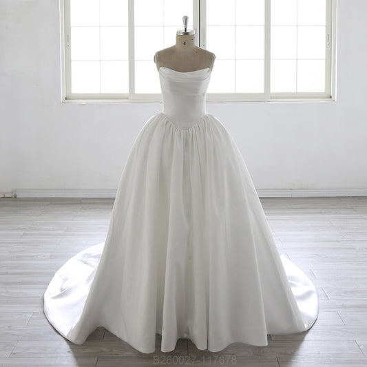 New Scoop Neck Court Train Pleated Mikado Ball Gown Wedding Dress