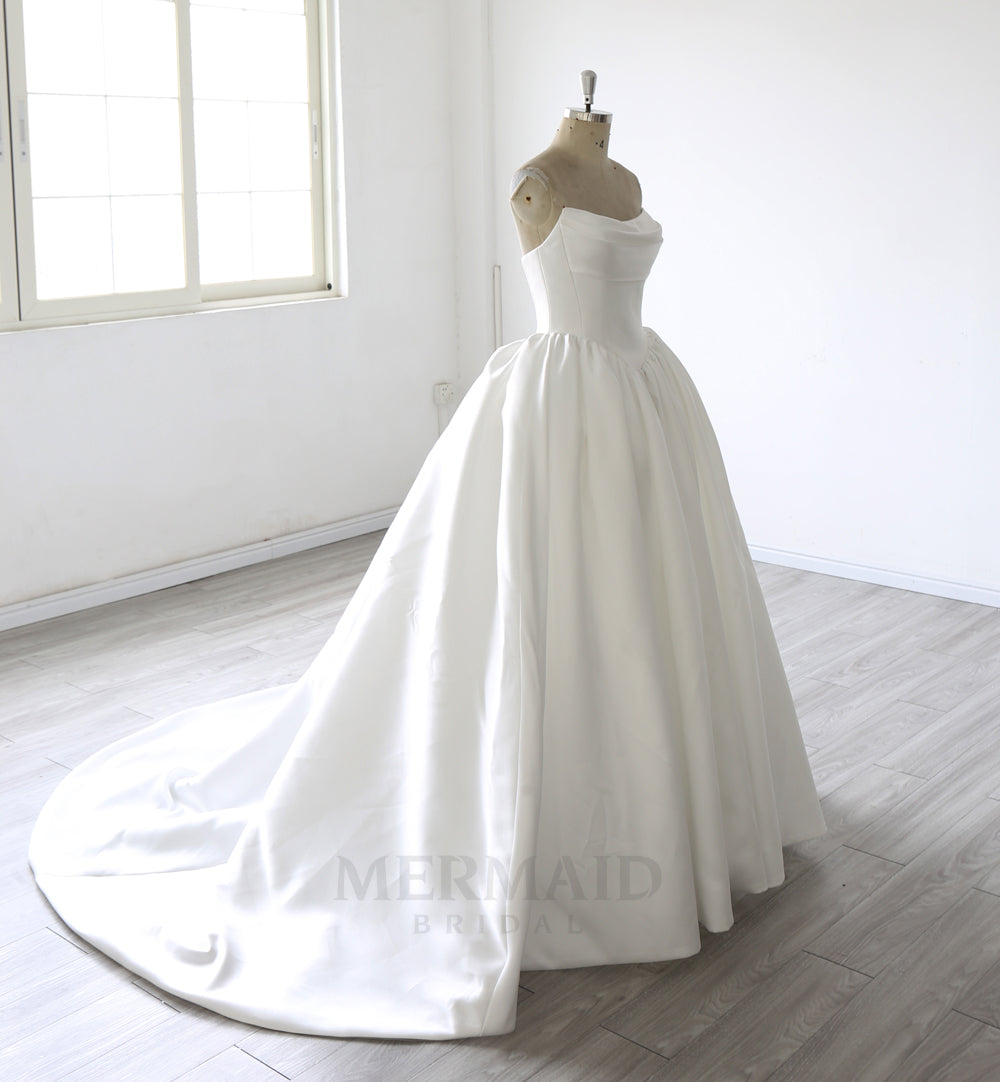 New Scoop Neck Court Train Pleated Mikado Ball Gown Wedding Dress