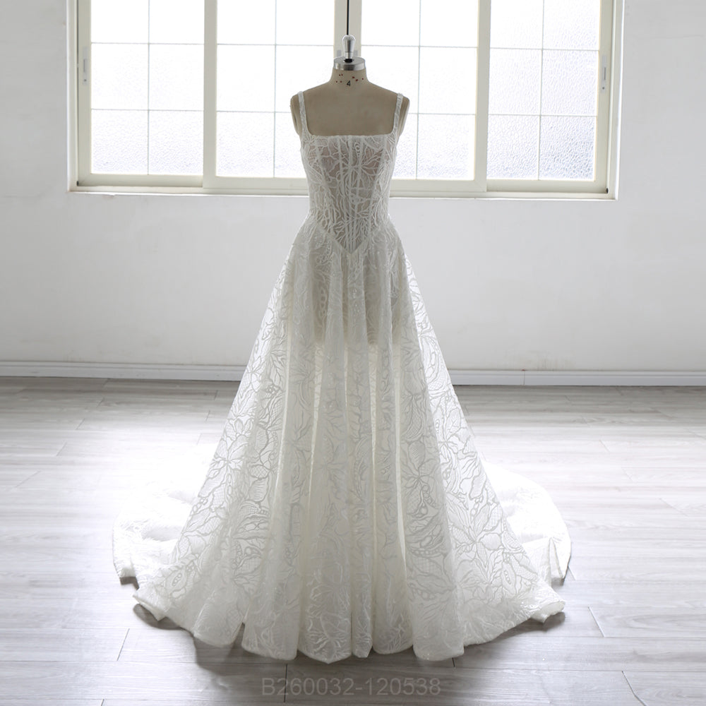 Square Neck Court Train A Line Heavy Lace Wedding Dress 2026