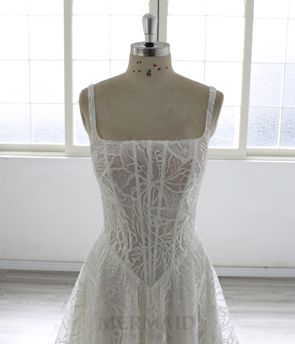 Square Neck Court Train A Line Heavy Lace Wedding Dress 2026