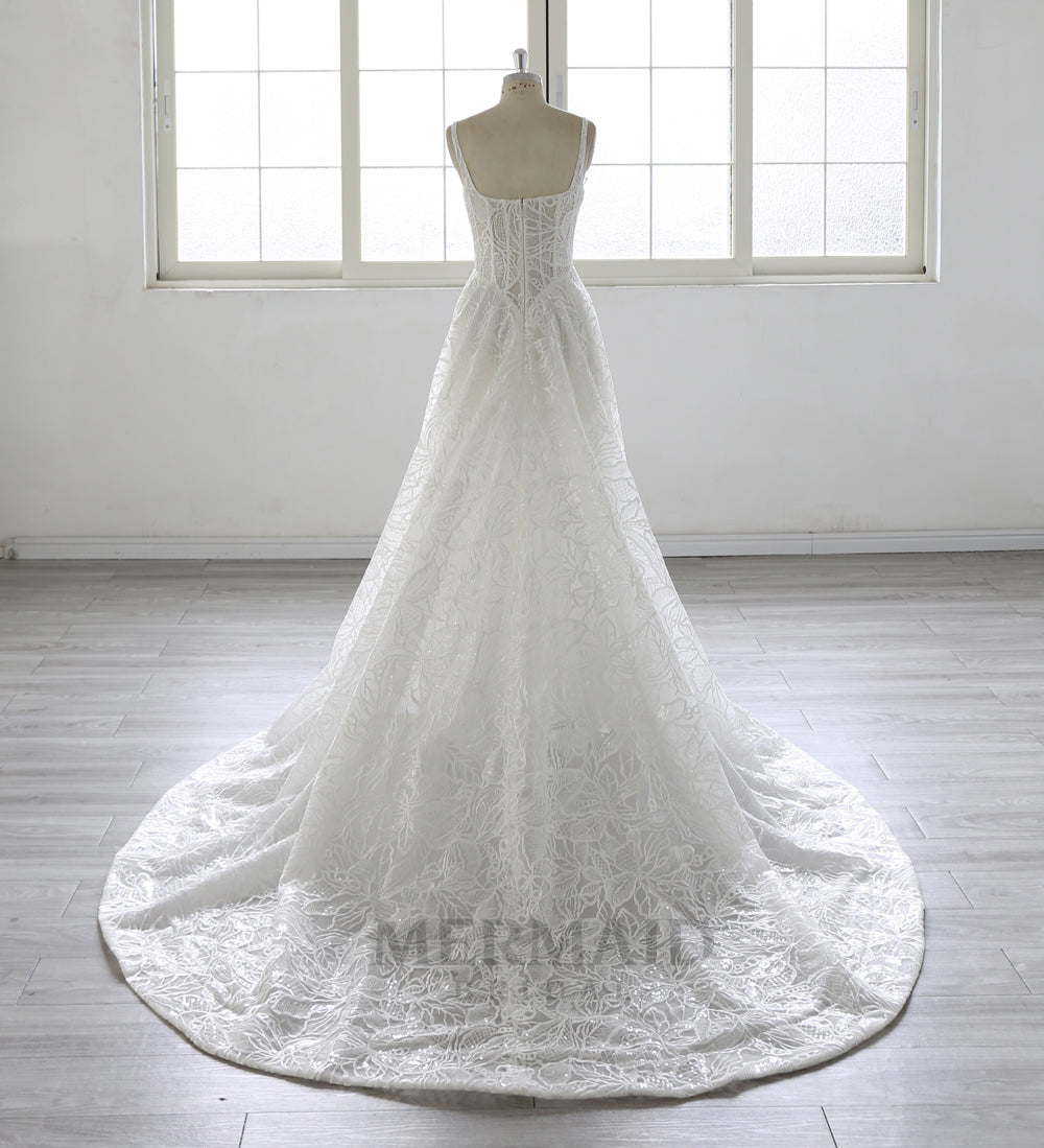 Square Neck Court Train A Line Heavy Lace Wedding Dress 2026