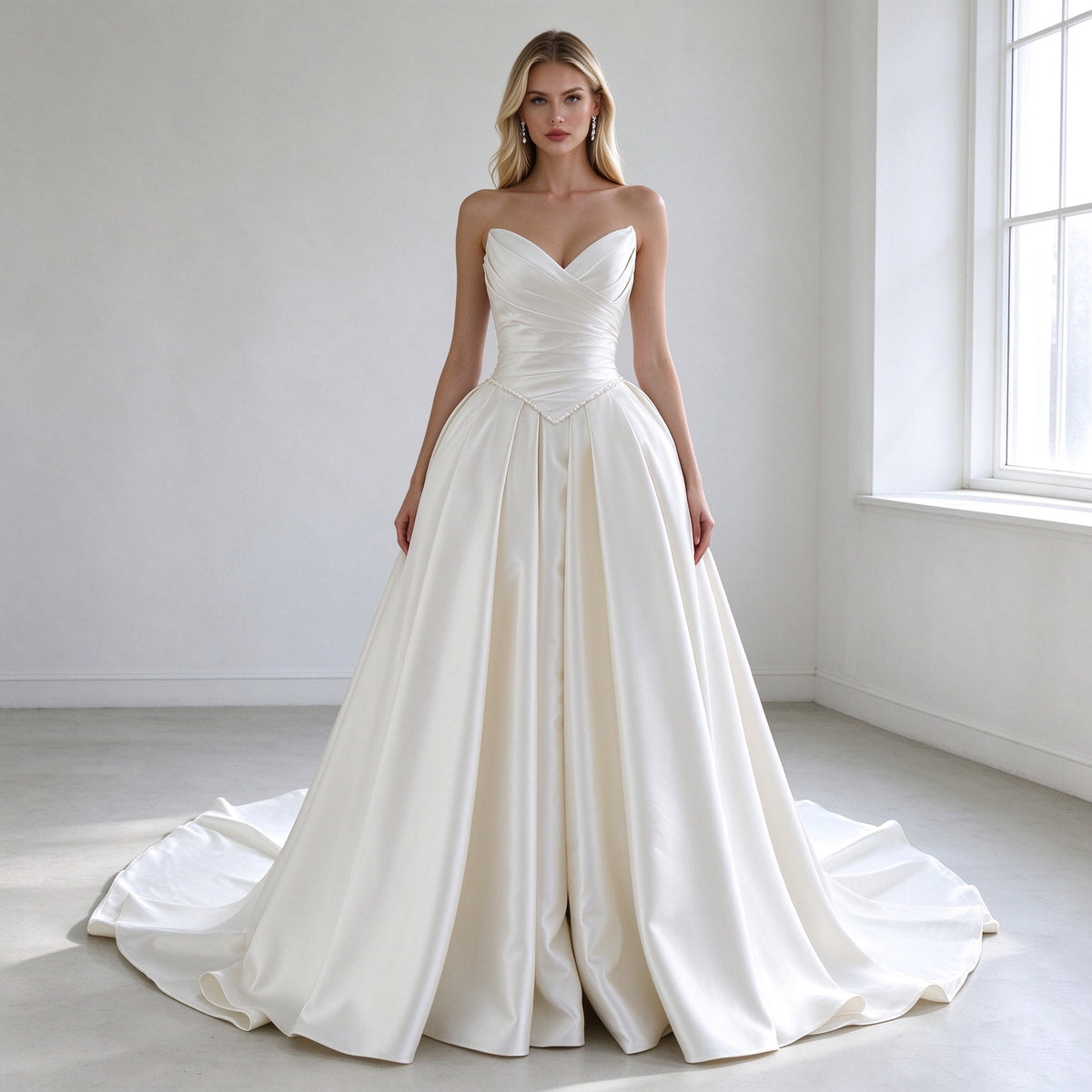 New V Neck A Line Chapel Train Pleated Satin Wedding Dress 2027