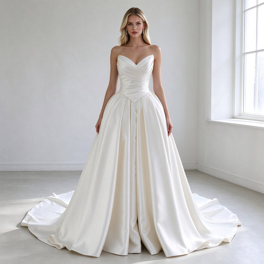 New V Neck A Line Chapel Train Pleated Satin Wedding Dress 2027