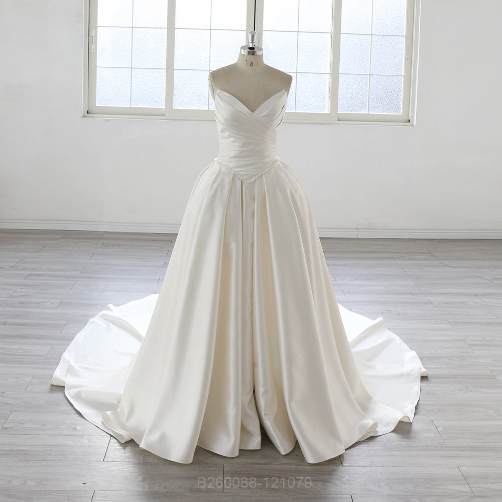New V Neck A Line Chapel Train Pleated Satin Wedding Dress 2027