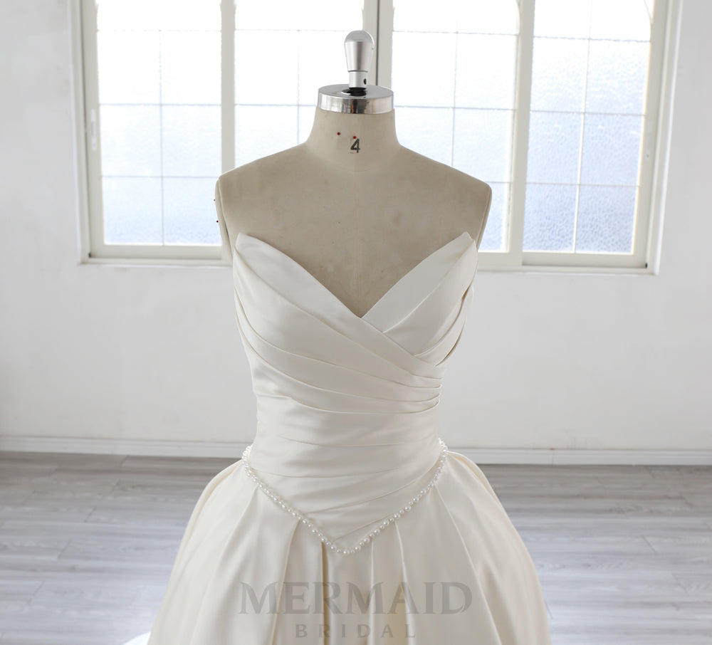 New V Neck A Line Chapel Train Pleated Satin Wedding Dress 2027