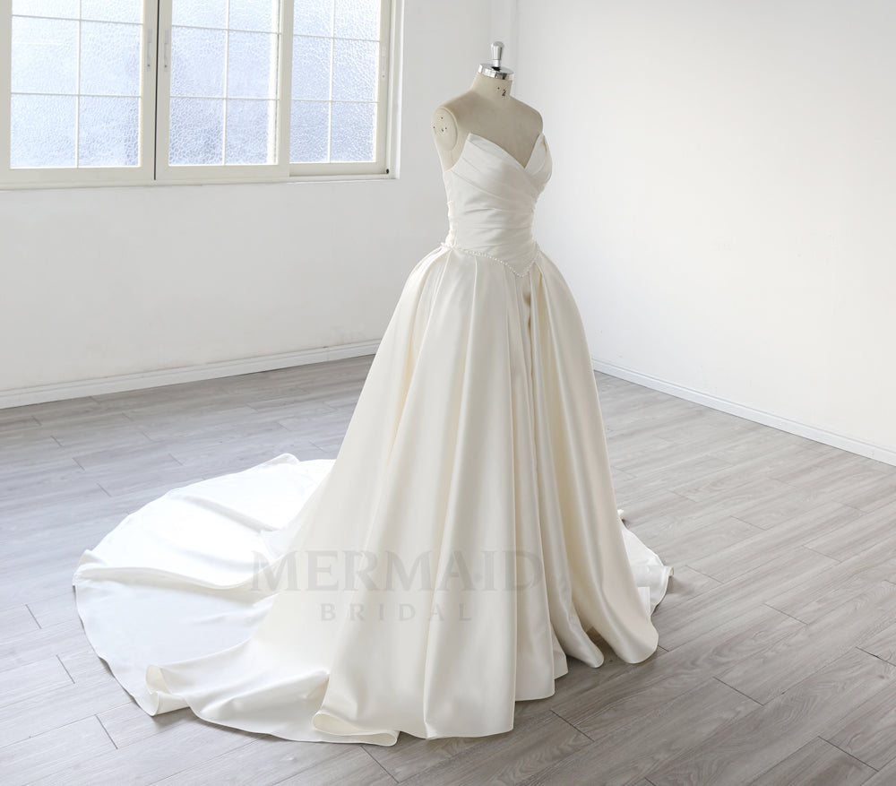 New V Neck A Line Chapel Train Pleated Satin Wedding Dress 2027