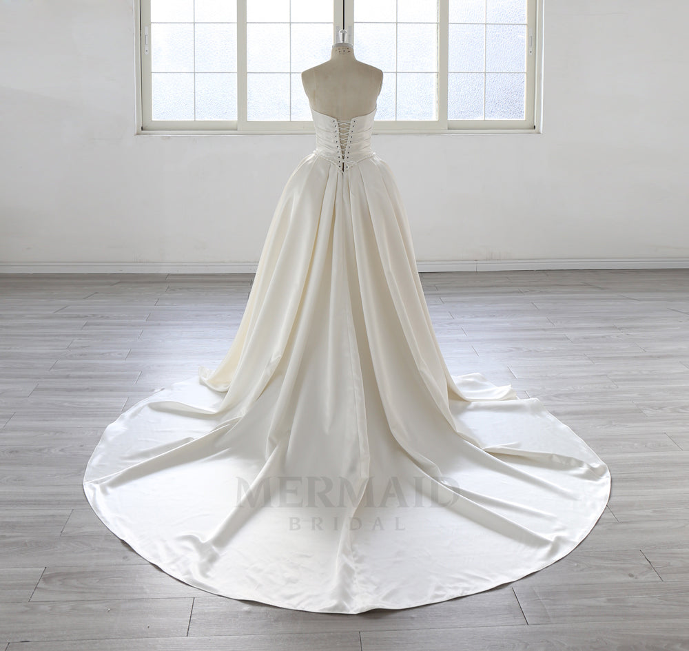 New V Neck A Line Chapel Train Pleated Satin Wedding Dress 2027