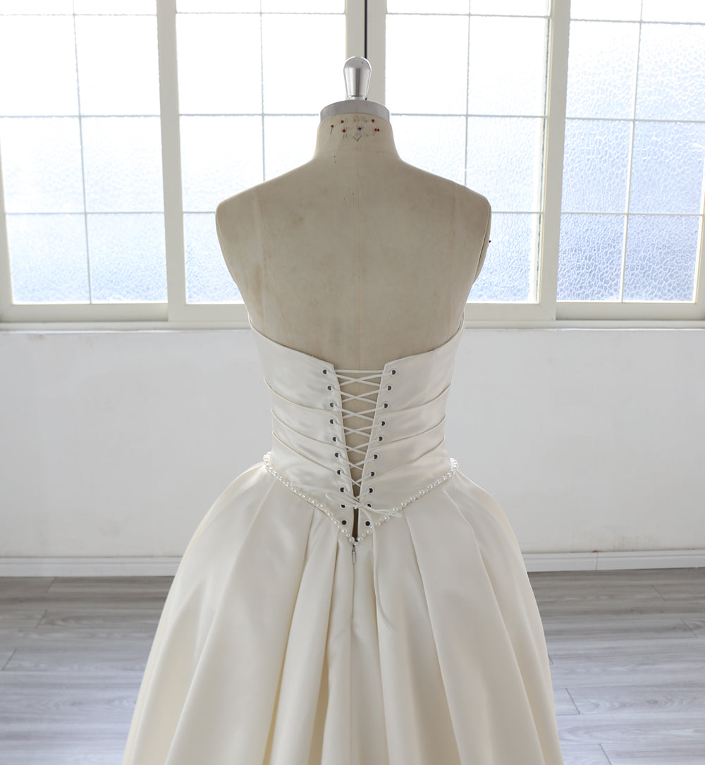 New V Neck A Line Chapel Train Pleated Satin Wedding Dress 2027