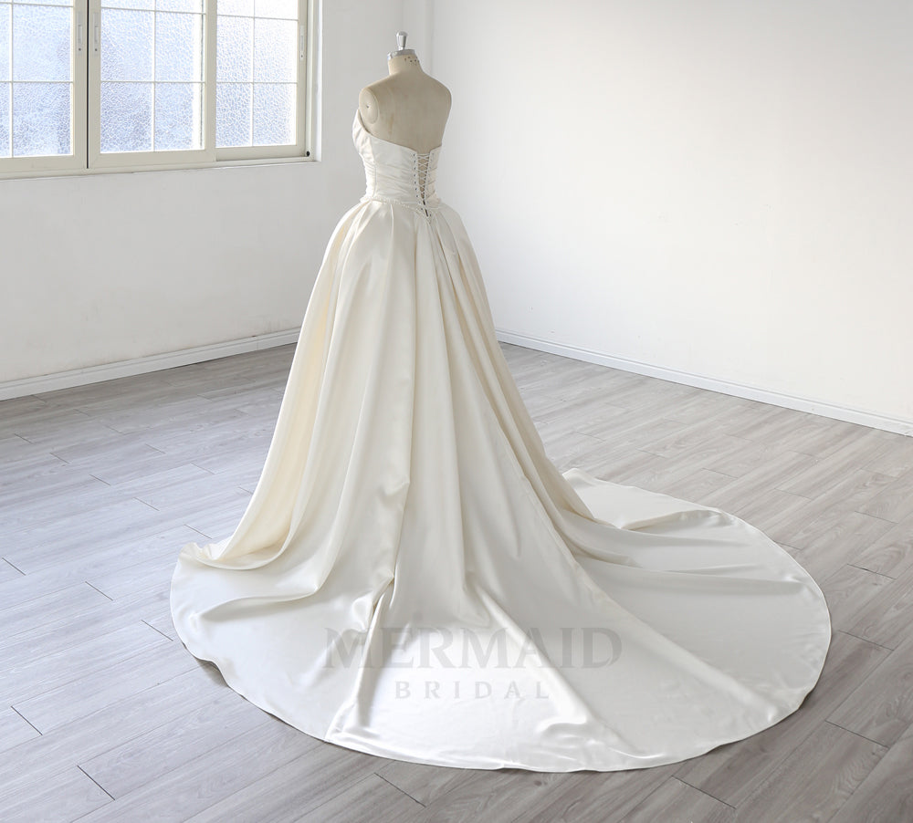 New V Neck A Line Chapel Train Pleated Satin Wedding Dress 2027