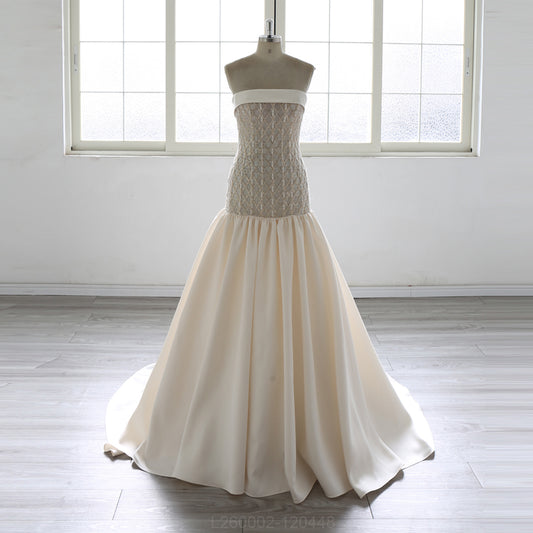 Strapless Beaded Mikado Champagne Mermaid Wedding Dress 2026