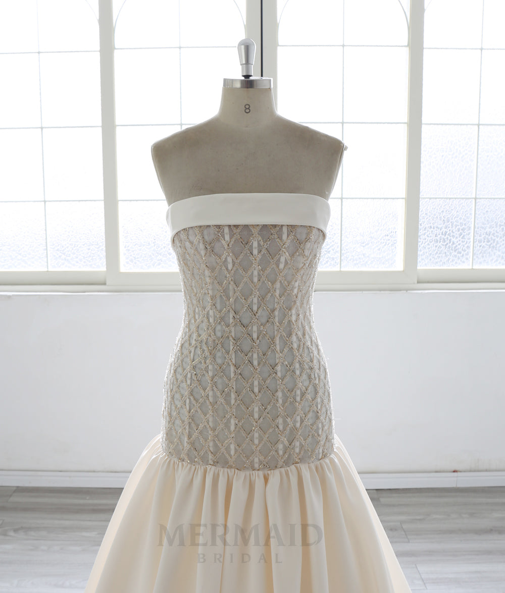Strapless Beaded Mikado Champagne Mermaid Wedding Dress 2026