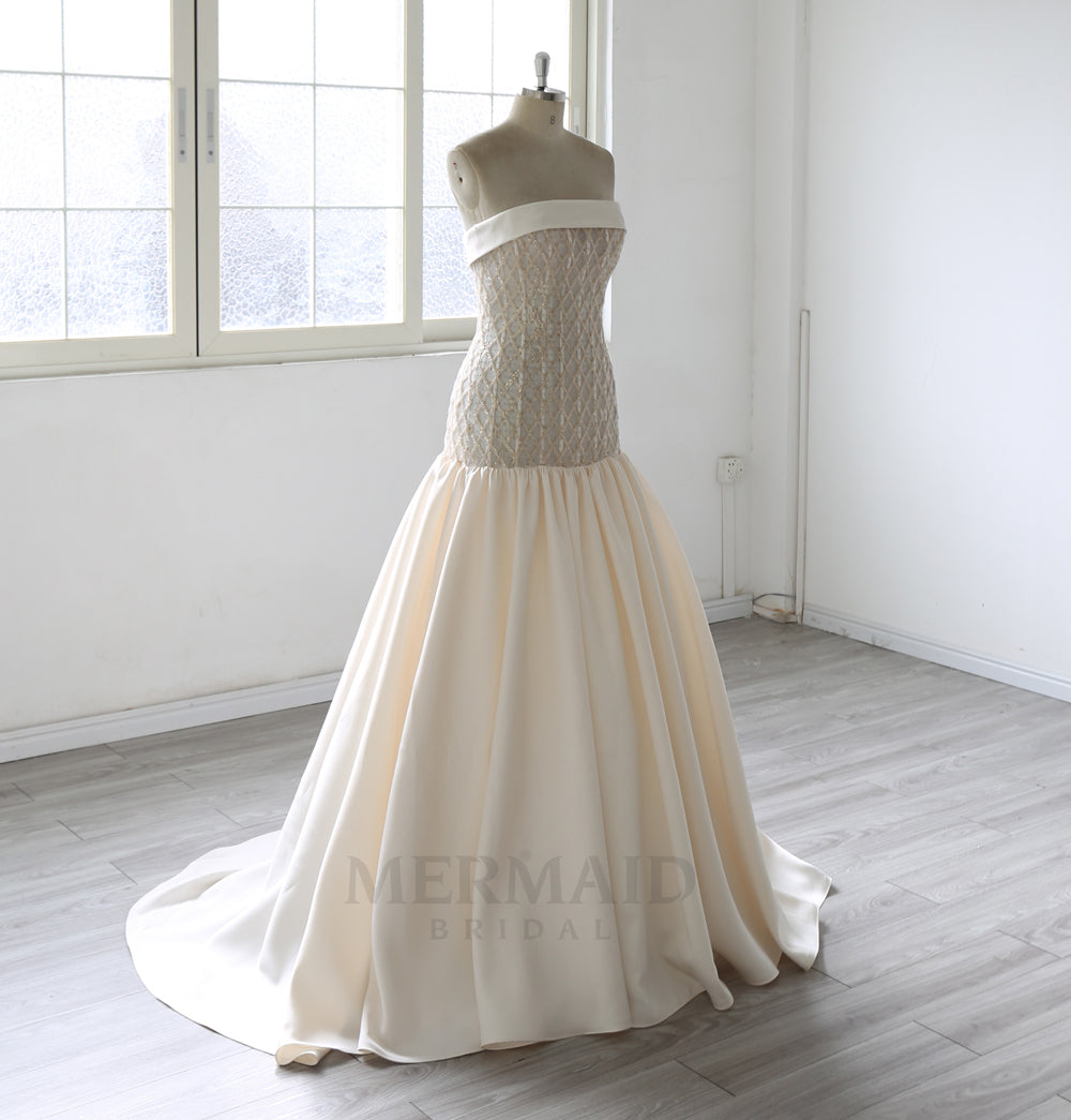 Strapless Beaded Mikado Champagne Mermaid Wedding Dress 2026