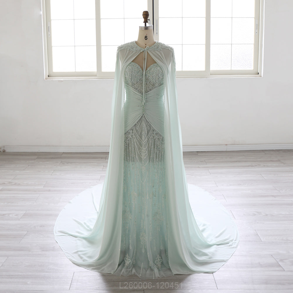 Mint Green Mermaid Evening Dress Women Strapless Beaded Lace Embroidery Ruched Waist Detachable Cape Long Formal Prom Gown