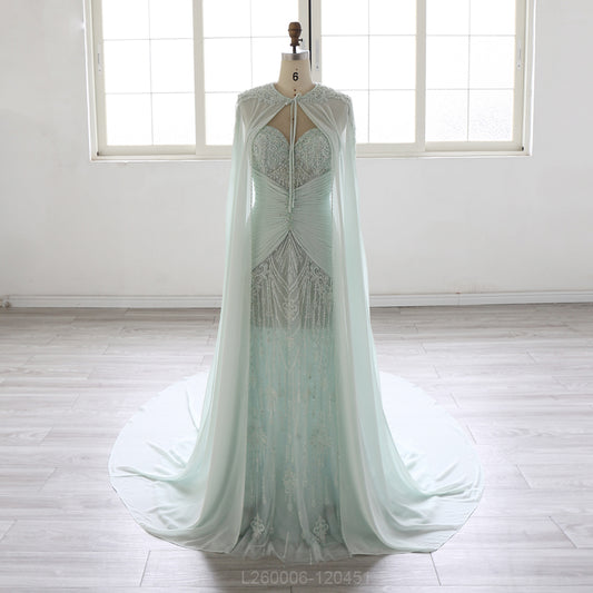 Mint Green Mermaid Evening Dress Women Strapless Beaded Lace Embroidery Ruched Waist Detachable Cape Long Formal Prom Gown