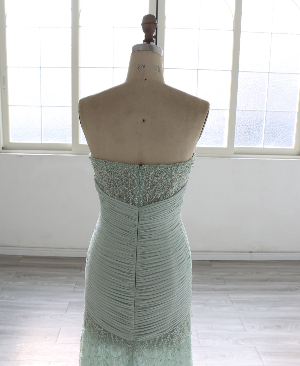 Mint Green Mermaid Evening Dress Women Strapless Beaded Lace Embroidery Ruched Waist Detachable Cape Long Formal Prom Gown