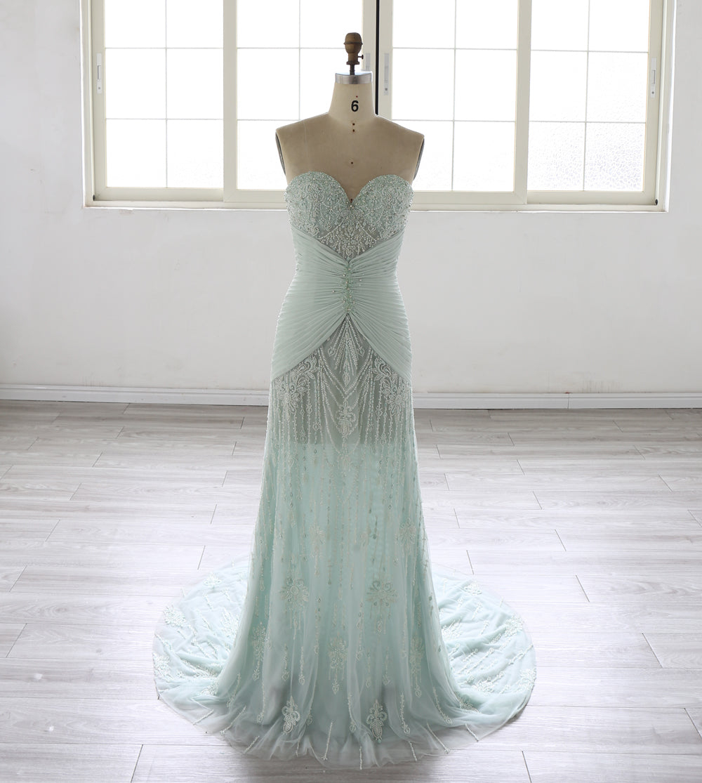 Mint Green Mermaid Evening Dress Women Strapless Beaded Lace Embroidery Ruched Waist Detachable Cape Long Formal Prom Gown