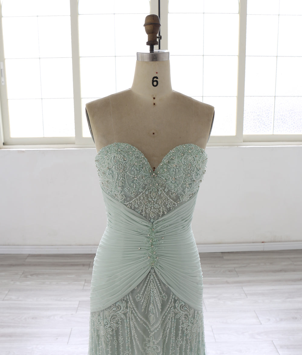 Mint Green Mermaid Evening Dress Women Strapless Beaded Lace Embroidery Ruched Waist Detachable Cape Long Formal Prom Gown
