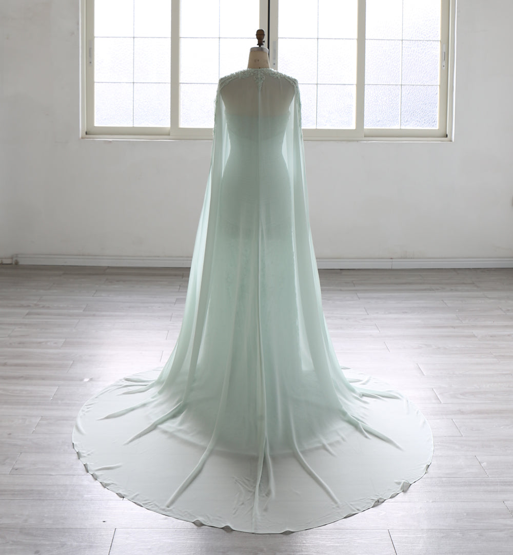 Mint Green Mermaid Evening Dress Women Strapless Beaded Lace Embroidery Ruched Waist Detachable Cape Long Formal Prom Gown