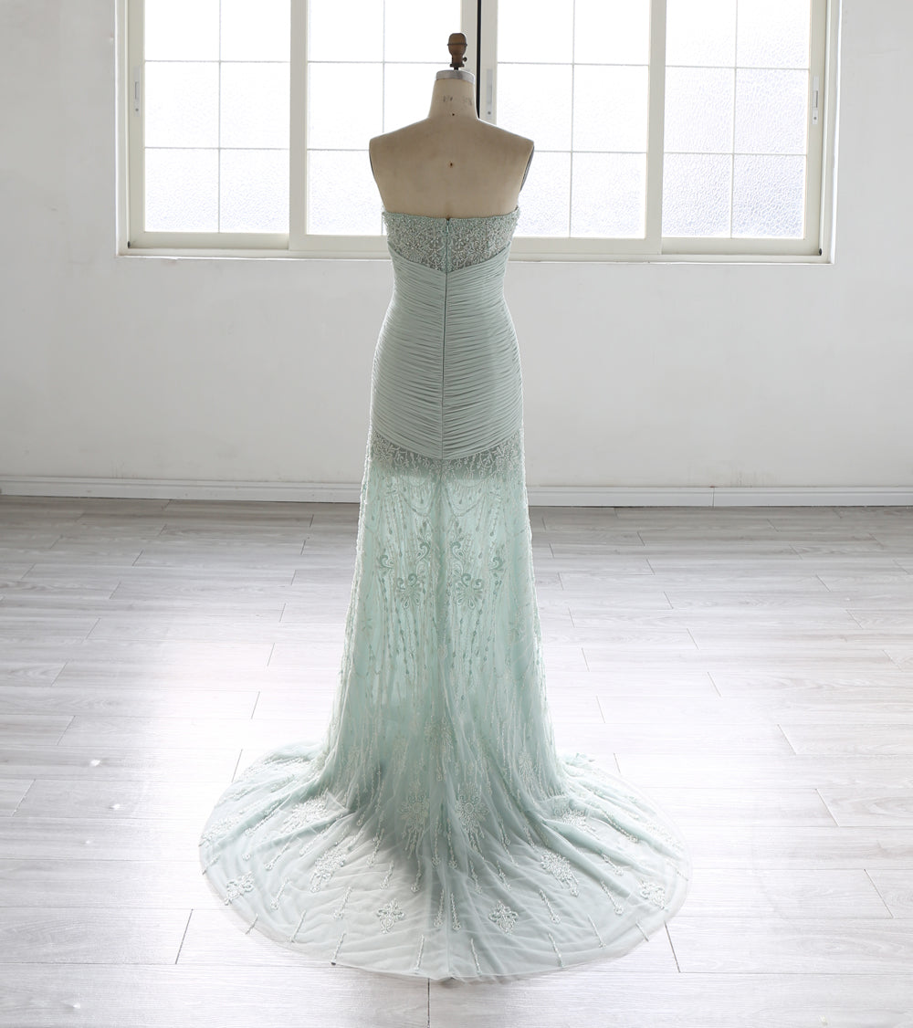 Mint Green Mermaid Evening Dress Women Strapless Beaded Lace Embroidery Ruched Waist Detachable Cape Long Formal Prom Gown