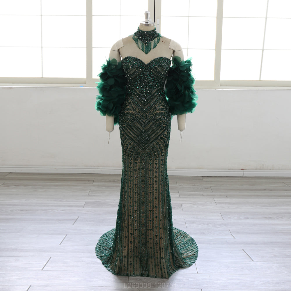 Mermaid Evening Dress Women Sequined Beaded Sweetheart Neck Feather Sleeve Formal Gown Long Prom Dress