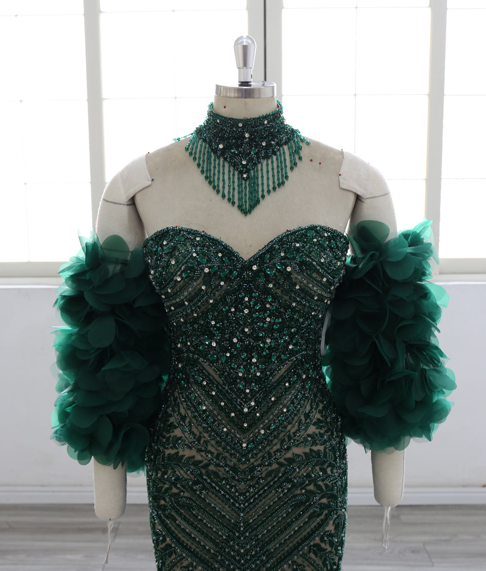 Mermaid Evening Dress Women Sequined Beaded Sweetheart Neck Feather Sleeve Formal Gown Long Prom Dress