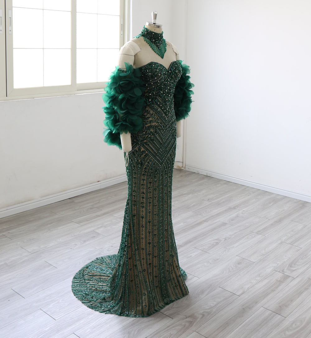 Mermaid Evening Dress Women Sequined Beaded Sweetheart Neck Feather Sleeve Formal Gown Long Prom Dress