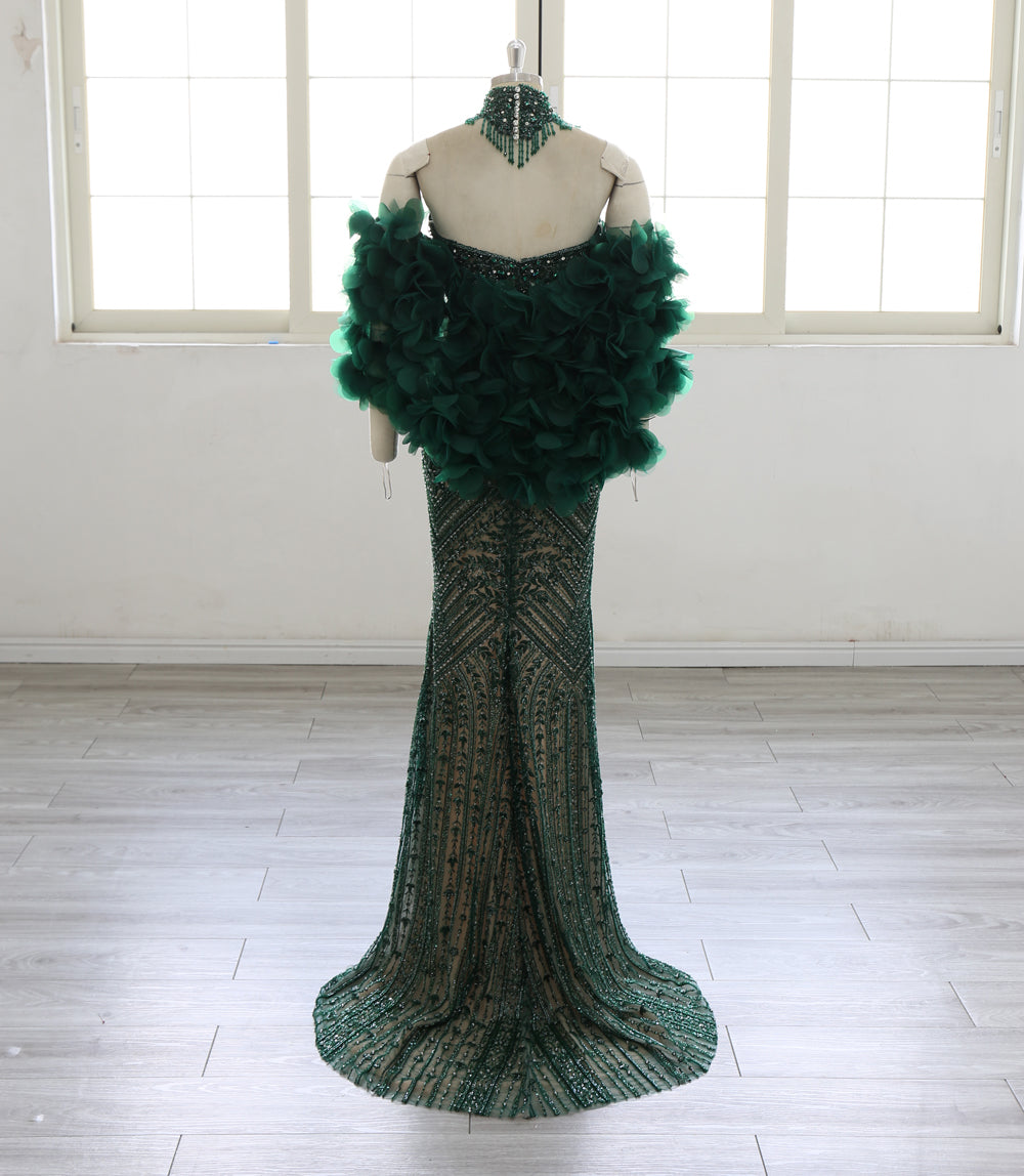 Mermaid Evening Dress Women Sequined Beaded Sweetheart Neck Feather Sleeve Formal Gown Long Prom Dress