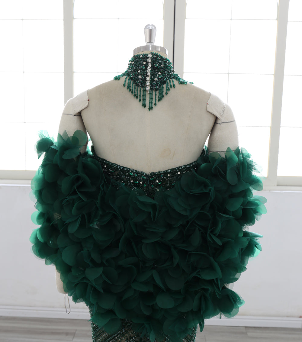Mermaid Evening Dress Women Sequined Beaded Sweetheart Neck Feather Sleeve Formal Gown Long Prom Dress