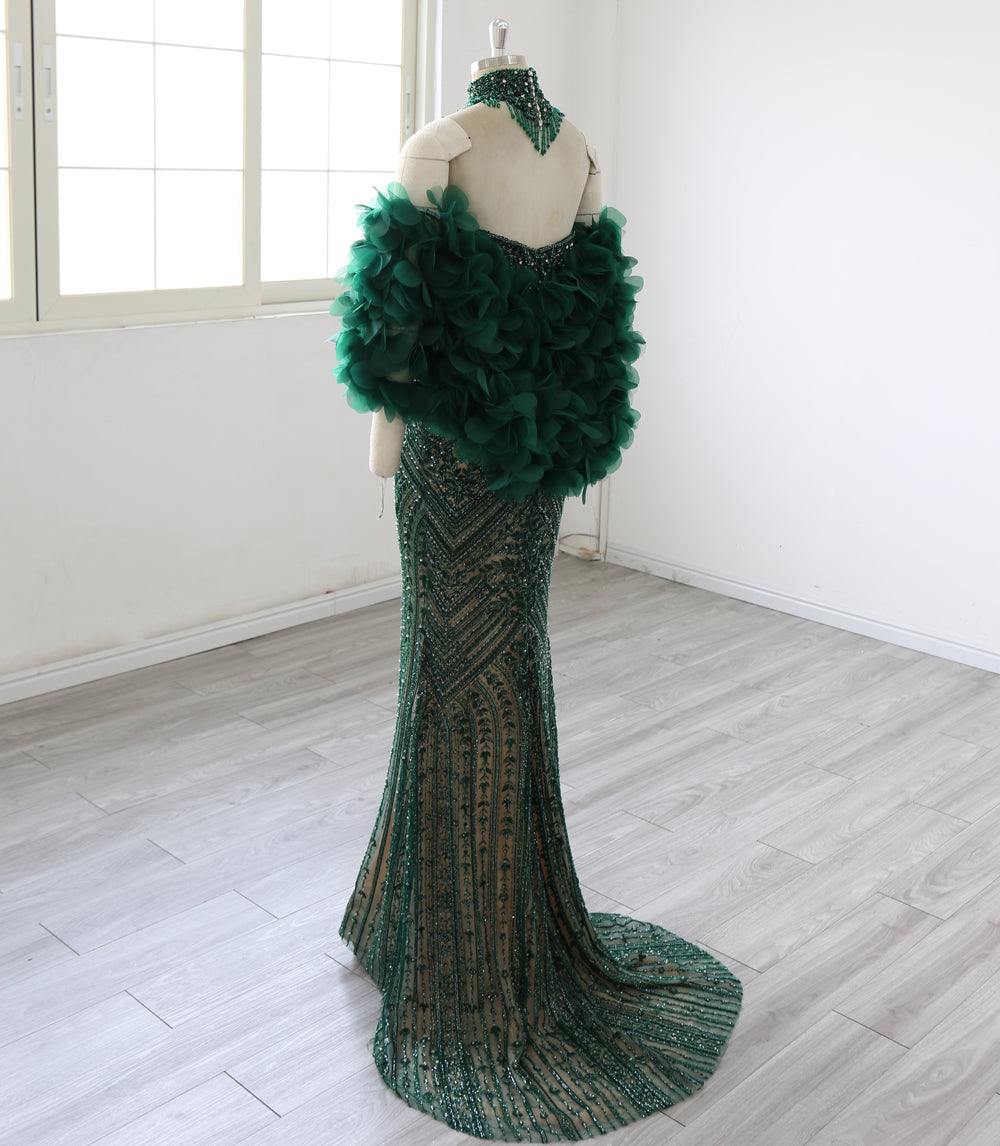 Mermaid Evening Dress Women Sequined Beaded Sweetheart Neck Feather Sleeve Formal Gown Long Prom Dress