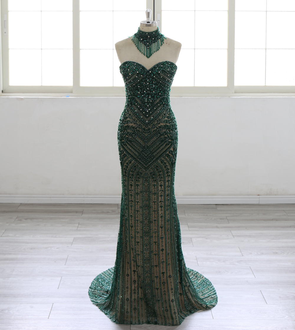 Mermaid Evening Dress Women Sequined Beaded Sweetheart Neck Feather Sleeve Formal Gown Long Prom Dress