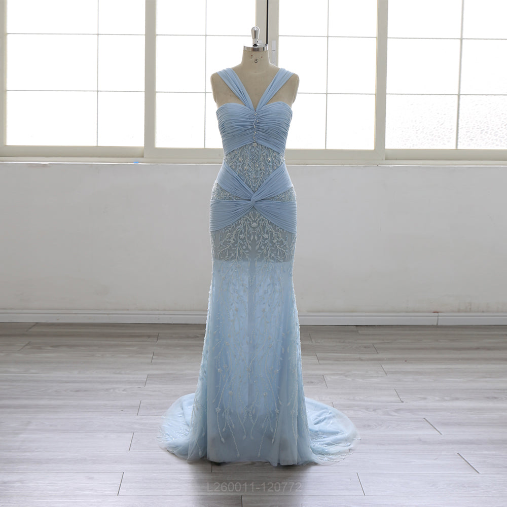 Light Blue Mermaid Evening Dress Women  Sweetheart Neck Straps Ruched Lace Embroidered Formal Gown Long Prom Dress