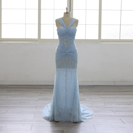 Light Blue Mermaid Evening Dress Women  Sweetheart Neck Straps Ruched Lace Embroidered Formal Gown Long Prom Dress