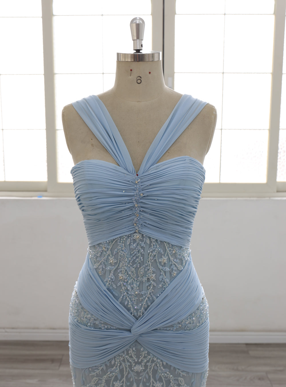 Light Blue Mermaid Evening Dress Women  Sweetheart Neck Straps Ruched Lace Embroidered Formal Gown Long Prom Dress