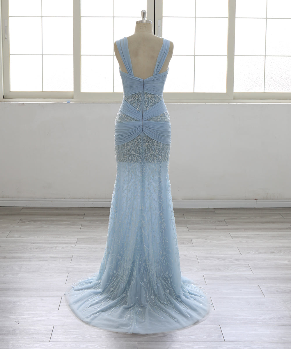 Light Blue Mermaid Evening Dress Women  Sweetheart Neck Straps Ruched Lace Embroidered Formal Gown Long Prom Dress