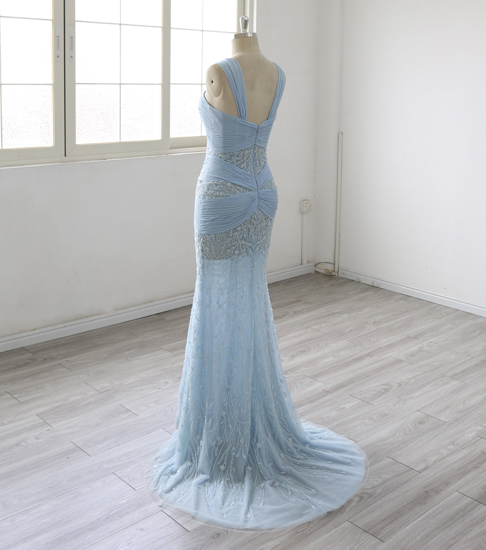Light Blue Mermaid Evening Dress Women  Sweetheart Neck Straps Ruched Lace Embroidered Formal Gown Long Prom Dress