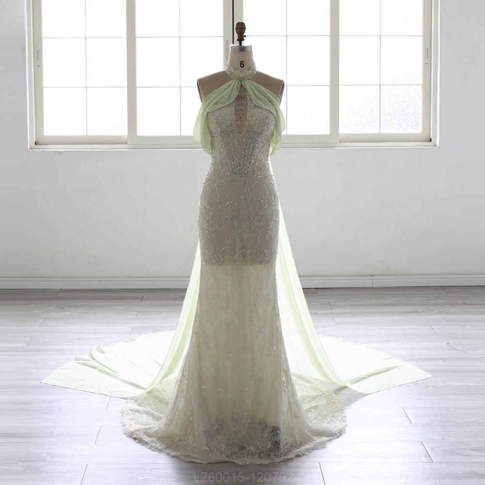 Elegant Beaded Mermaid Evening Dress  with Halter Neckline & Flowing Draped Train