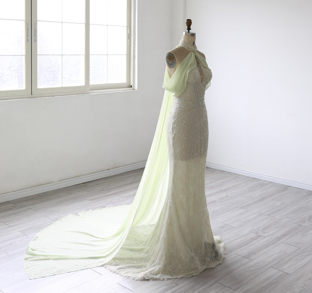 Elegant Beaded Mermaid Evening Dress  with Halter Neckline & Flowing Draped Train