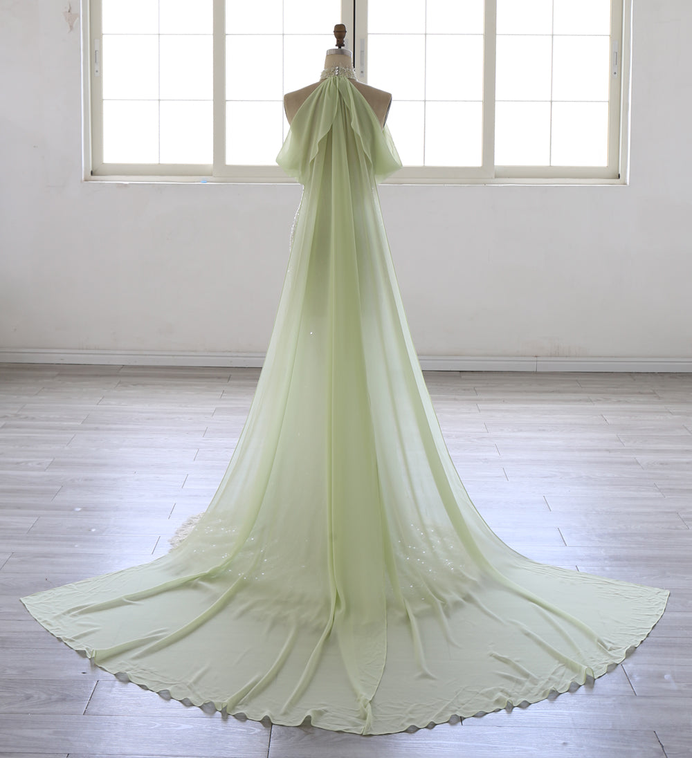 Elegant Beaded Mermaid Evening Dress  with Halter Neckline & Flowing Draped Train
