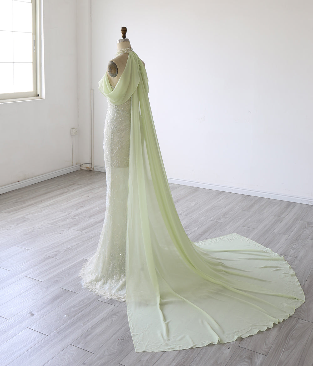 Elegant Beaded Mermaid Evening Dress  with Halter Neckline & Flowing Draped Train
