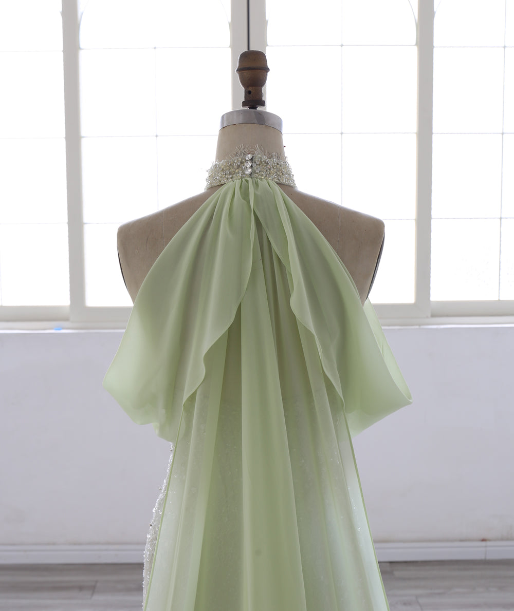 Elegant Beaded Mermaid Evening Dress  with Halter Neckline & Flowing Draped Train