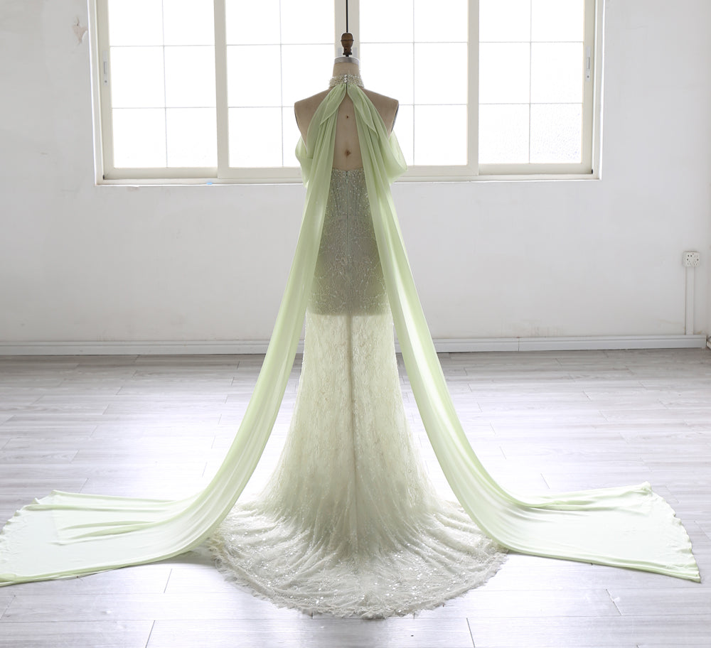 Elegant Beaded Mermaid Evening Dress  with Halter Neckline & Flowing Draped Train