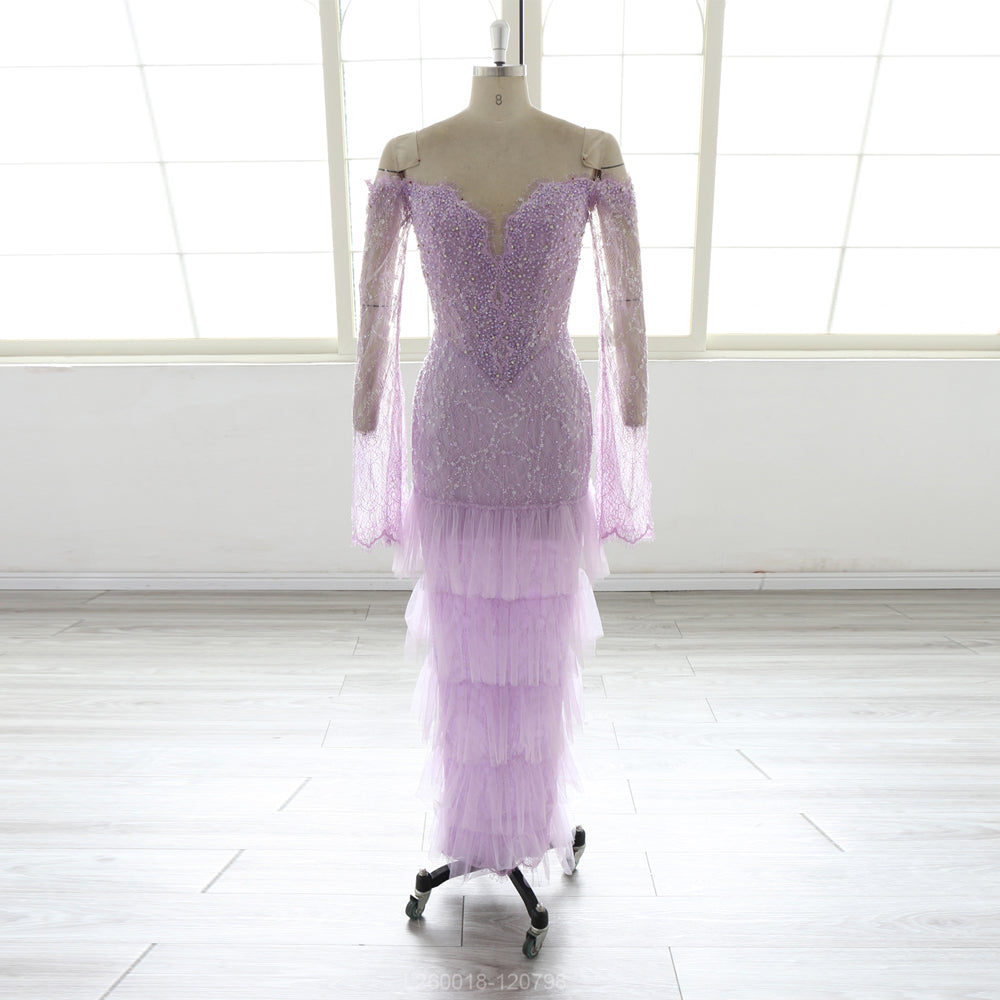 Lilac Purple Mermaid Evening Dress Women Off Shoulder Long Sleeve Beaded Sequined Formal Gown Tiered Tulle Prom Dress