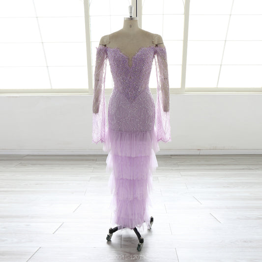 Lilac Purple Mermaid Evening Dress Women Off Shoulder Long Sleeve Beaded Sequined Formal Gown Tiered Tulle Prom Dress