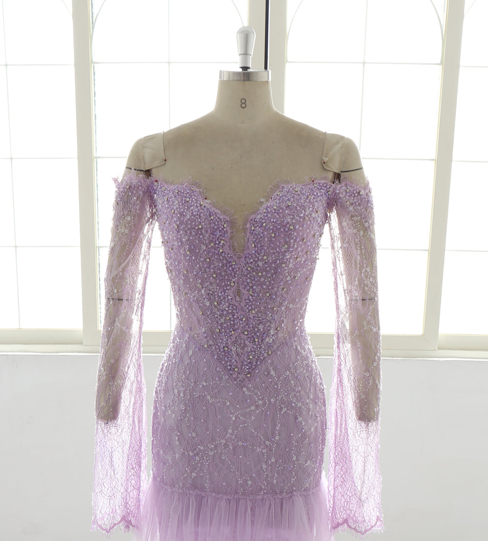 Lilac Purple Mermaid Evening Dress Women Off Shoulder Long Sleeve Beaded Sequined Formal Gown Tiered Tulle Prom Dress