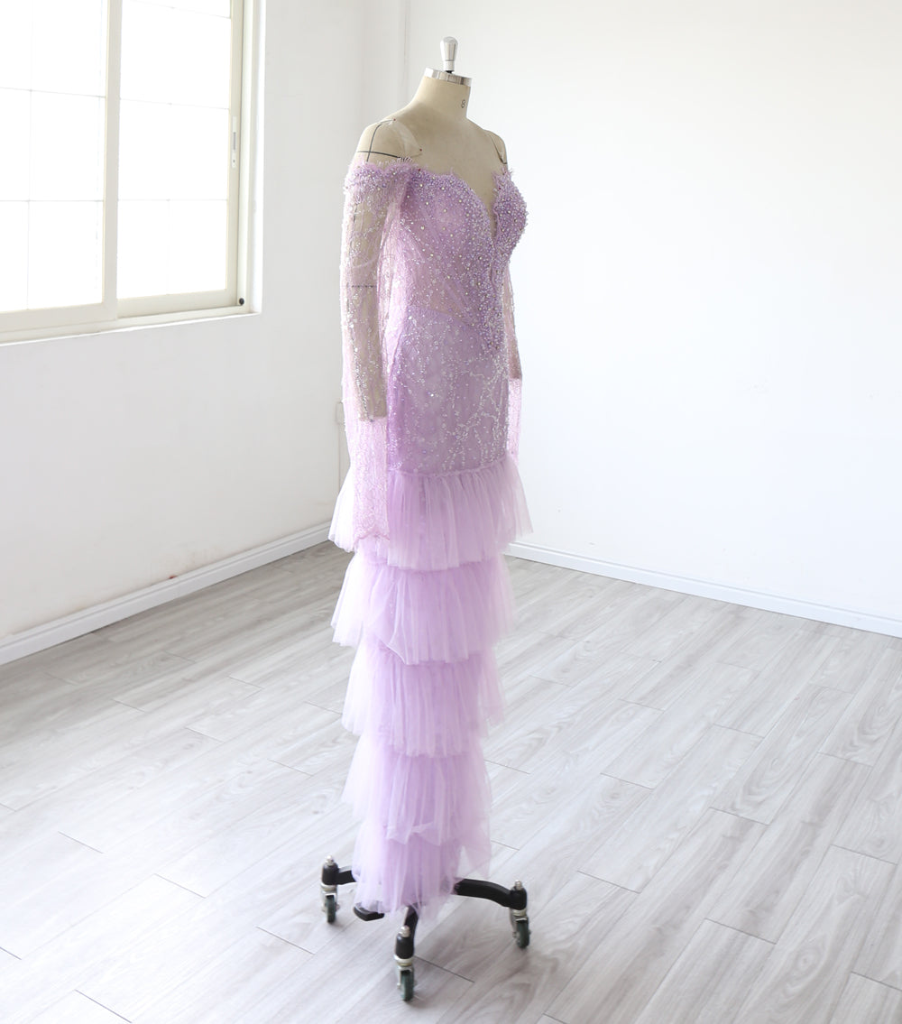 Lilac Purple Mermaid Evening Dress Women Off Shoulder Long Sleeve Beaded Sequined Formal Gown Tiered Tulle Prom Dress