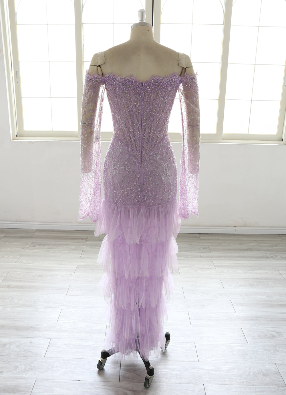 Lilac Purple Mermaid Evening Dress Women Off Shoulder Long Sleeve Beaded Sequined Formal Gown Tiered Tulle Prom Dress