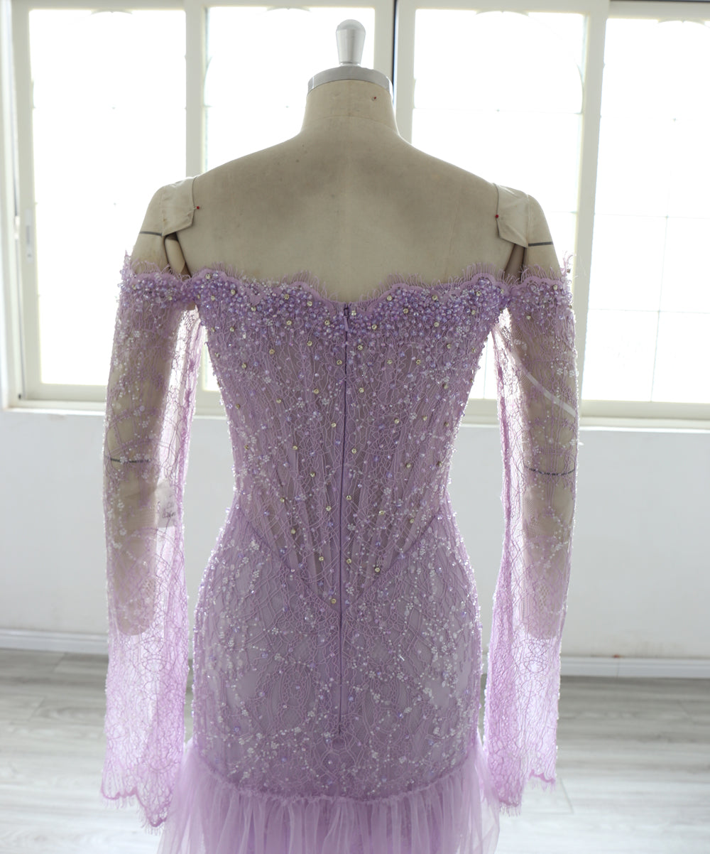 Lilac Purple Mermaid Evening Dress Women Off Shoulder Long Sleeve Beaded Sequined Formal Gown Tiered Tulle Prom Dress