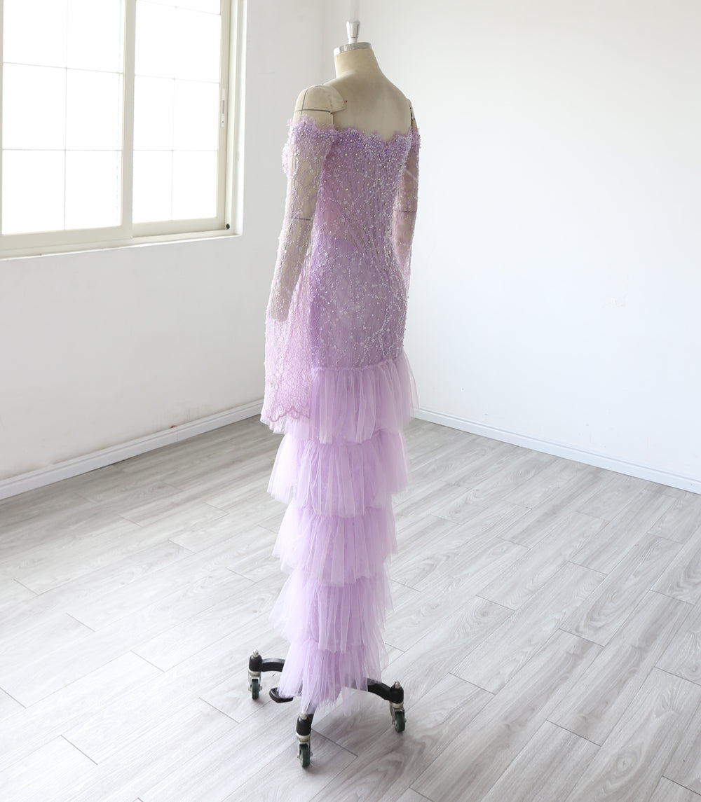 Lilac Purple Mermaid Evening Dress Women Off Shoulder Long Sleeve Beaded Sequined Formal Gown Tiered Tulle Prom Dress